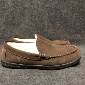 Lands End Men’s Size 8 Brown Suede Moccasin Slippers Shearling Lined House Shoe